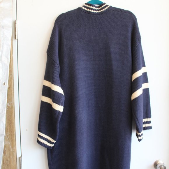 Buddha Trends Navy w/ White Stripes Long Open Front Knit Stitch Sweater Jacket - Picture 4 of 4